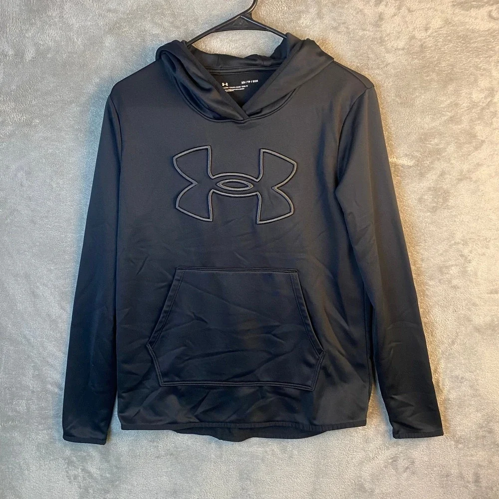 Under Armour Mens XS Black Hoodie Pullover Big Logo Loose Fit Kangaroo Pocket